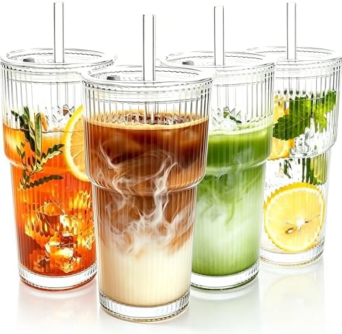 4PCS 20oz Glass Cups with Lids and Straws, Iced Coffee Cups with Lids, Stylish Ribbed Thick Drinking Glasses Tumbler for Juice, Smoothies, Cold Beverages, Cute Cup Gifts with Clean Brush by WelcomeToColnic