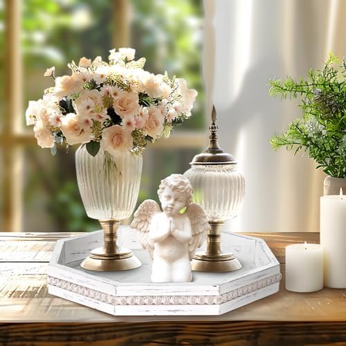 Wooden Decorative Tray, Small Serving Tray with Wood Bead, Farmhouse Big Tray for Ottoman, Countertop, Coffee Tabl, 13" x 13"x 1.6" (Retro White) - Image 5
