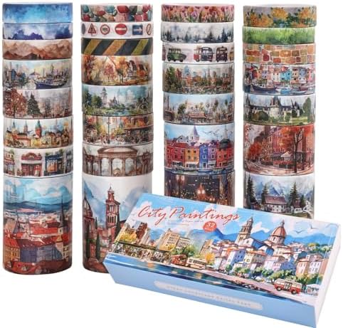 32 Rolls Vintage Washi Tape Set, European Cityscapes with Architectures & Scenery, Writable Decorative Tapes for Scrapbooking, Junk Journal Bullet Journal Supplies 8-50mm Wide, Artistic Adhesive Tape - Image 2