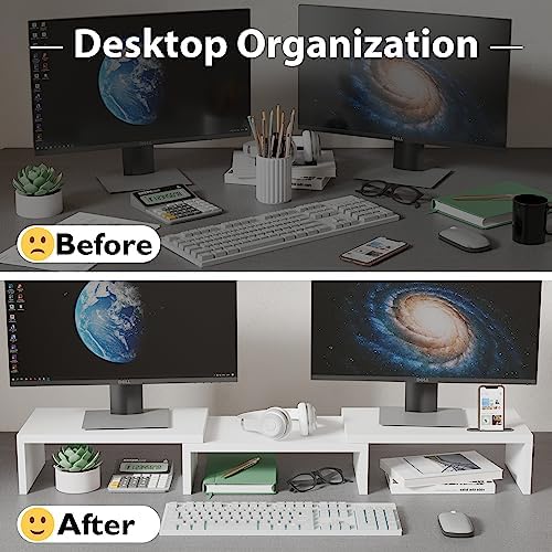 BONTEC Dual Monitor Stand Riser, Adjustable Length & Swivel Angle, White - Image 2