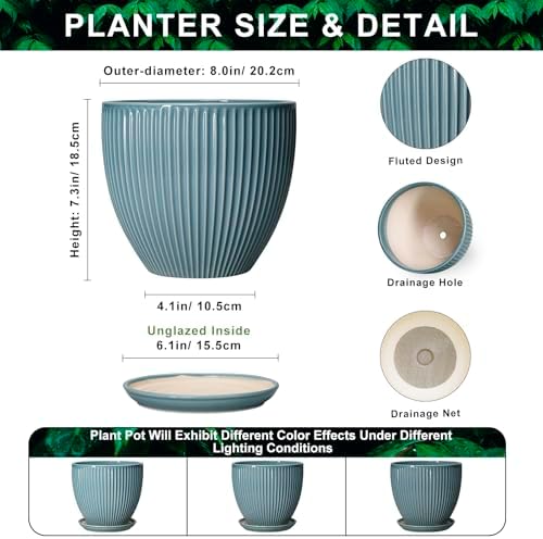 Ceramic Planter, 8 Inch Plant Pot Indoor with Drainage Hole and Saucer, Decorative Planters for Indoor Plants, Modern Flower Pots, Round Planter, Room Decor, Gifts for Plant Lovers, Glaze Blue - Image 2