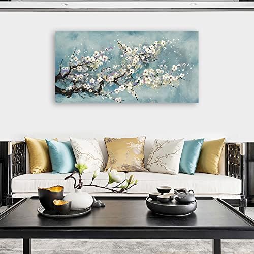 Plum Blossom Botanical Floral Canvas Art - Grey Blue - 30" x 60" - Framed - Ready to Hang - Bedroom, Living Room, Bathroom, Kitchen, Office, Home Wall Decor