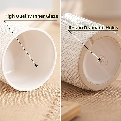 8 Inch Plant Pots: Ceramic Planter with Drainage Hole & Saucer - Flowerpot for Indoor & Outdoor Plants - Beaded Embossed Design White - with Separate Tray - Image 5