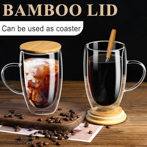 PARACITY Double Wall Glass Coffee Mugs 16OZ with Bamboo Lid/Spoon, Glass Coffee Cups Set of 2 with Handle, Insulated Clear Coffee Mug, Perfect for Latte, Cappuccino, Espresso, Hot Beverage, Tea - Image 3