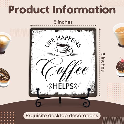 Coffee Bar Sign, Life Happens Coffee Helps Sign, Coffee and Tea Lover Gifts, 5x5 Wood Plaque with Iron Stand for Home Kitchen Cafe, Coffee Bar Decor – A08 - Image 2