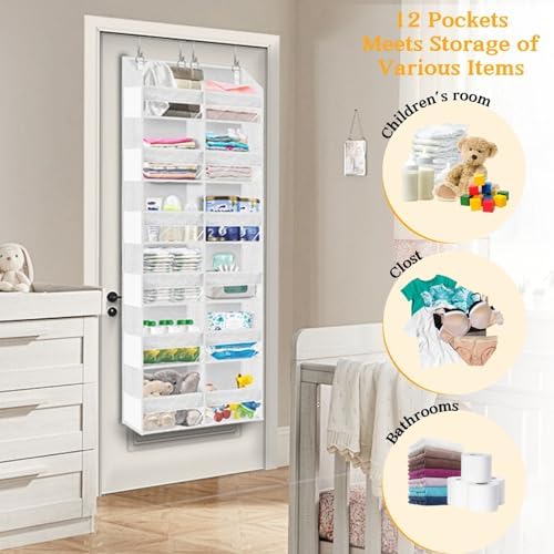Over The Door Organizer 6 Tiers, Extra Large Behind Door Storage of 12 Compartments, 80 lbs Weight Capacity Hanging Storage Organizer with Clear Window Kids Toys, Shoes,Diapers, Room Storage, White - Image 4