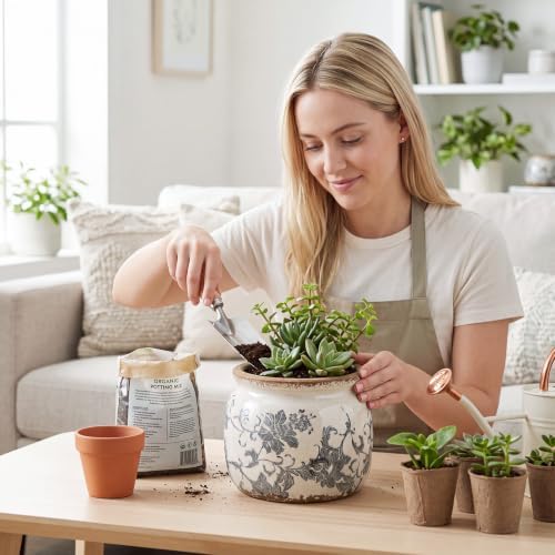 Vintage Planter, Ceramic Pot for Indoor Plant with Drainage Hole - Image 6