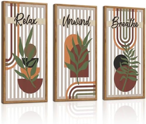 KAIRNE Boho Wooden Wall Art,Bohemian Wood Wall Decor Set of 3(16”X8”),Farmhouse Geometric Wooden Wall Decor,Abstract Minimalist Artwork for Living Room Bedroom Kitchen Office Decoration,Framed by KAIRNE
