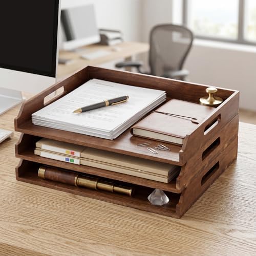 AceOrbit 3 Pcs Stackable Paper Tray Acacia Wood Desk Organizer Letter Tray - Image 6