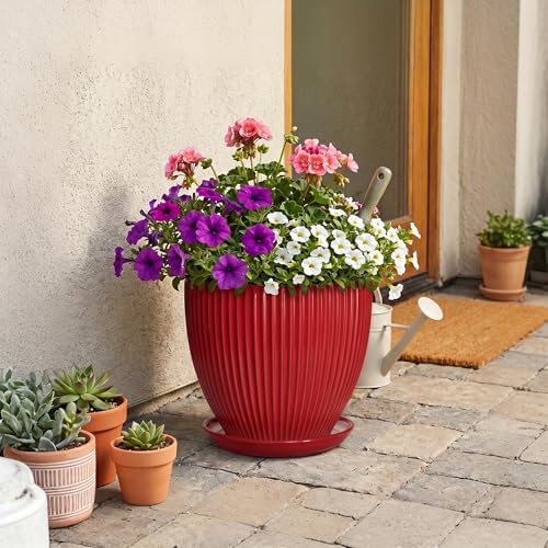 10 Inch Plant Pot, Ceramic Planters for Indoor Plants, Decorative Plant Pots with Drainage Hole and Saucer, Modern Round Large Planter, Office Apartment Decor, House Warming Gifts, Red - Image 7