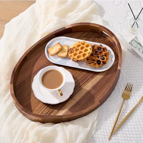 Acacia Wood Serving Tray with Handles - 17'' x 13'' Round, Decorative Ottoman Trays for Breakfast, Home Decor, Tea Party, Coffee Table, Candle Display, Kitchen Counter Board - Image 3