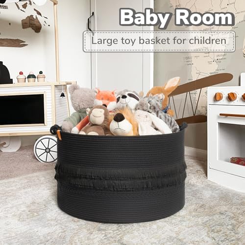 CherryNow 90L Large Woven Rope Blanket Basket with Tassel, 22" x 14", Black - Image 6
