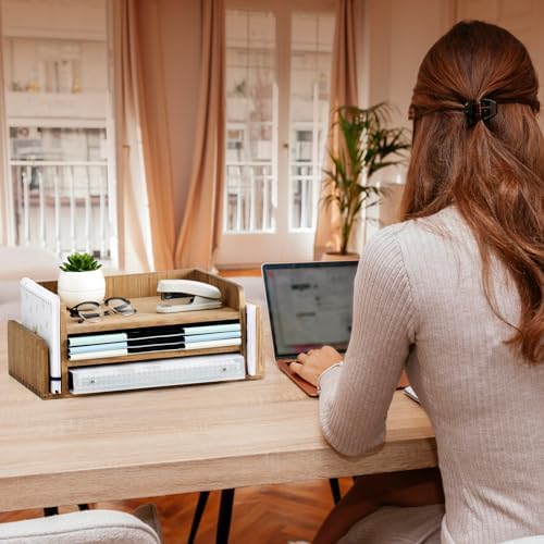 KIRIGEN Wood Desk Organizer, 5-Tray Letter Tray and Mail Sorter, Brown 2TP - Image 5