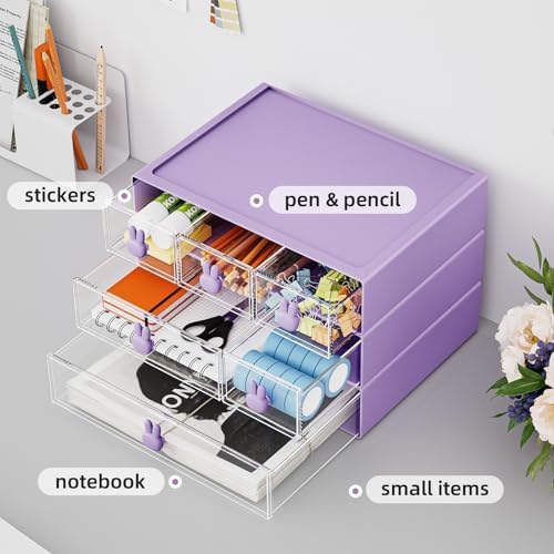Marbrasse Desk Organizer with 6 Drawers, 3 Tier Stackable Storage Drawers Plastic Makeup Storage, Office Organizers and Storage, Desk Storage Box for Office, School, Home Purple - Image 4