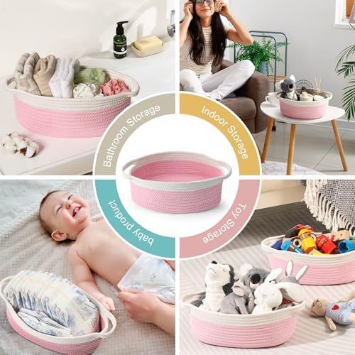 2 Pack Small Woven Basket with Gift Bags and Ribbons, Empty Decorative Gift Chest Box, Cute Baby Gift Basket for Nursery, Cotton Rope Room Shelf Storage Basket with Handles, All 12"x 8"x 5", Pink - Image 6