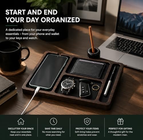 Desk Organizer Tray for Men with Ceramic Pen Holder, Wooden Valet Tray, Minimalist EDC Desk Organizer for Phone, Wallet, & Keys, Nightstand Bedside, Entryway, Birthday Gift for Him - Image 3