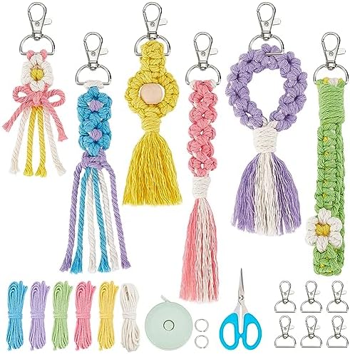 INFUNLY 6 Pcs DIY Flowers Keychain Kits Macrame Cord Knotting Kits for Beginners Adults Macrame Multi Type Tassel Keychain Kits Handcraft Macrame Kits for Car Key Purse Phone Gift with Instruction by INFUNLY