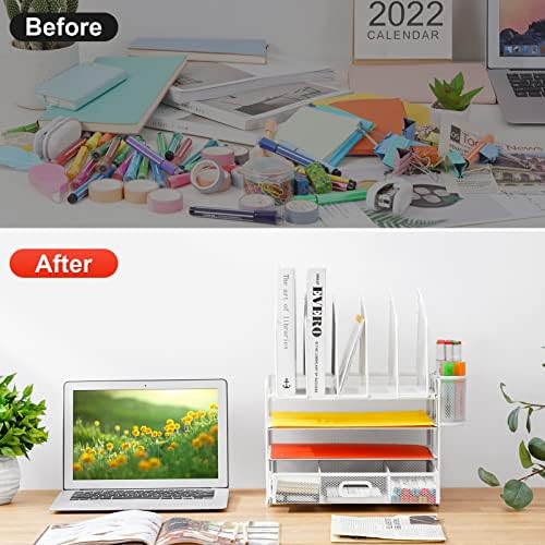 Marbrasse Desk Organizers, 4-Tier Mesh Desk File Organizer with 5 Vertical File Holders and 2 Pen Holders, Multifunction Desktop Organizer,Desk Organizers and Accessories for Home Office (White) - Image 6