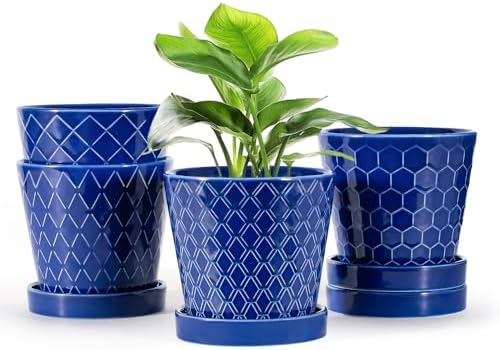 EFISPSS Ceramic Plant Pots, 5Inch Pots for Indoor Plants, Planters with Drainage Holes and Ceramic Tray,Plant Lover Gift, Desktop Office Windowsill Decoration Gift Set of 4 - Blue by EFISPSS