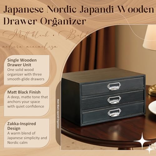 Stackable Modular Desktop Drawer Organizer, Solid Wood 3-Drawer Storage Unit with Label Pull Handles, Matte Black Japandi Style, Expandable by Adding More Units for Clutter-Free Spaces - Image 3
