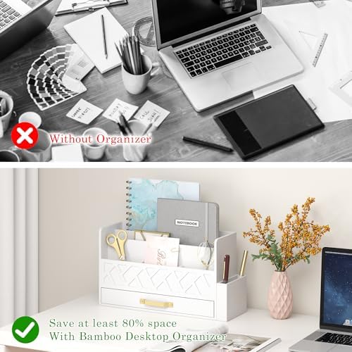 Wisuce Bamboo Mail Organizer Countertop with Drawer and Pen Holder, White - Image 5