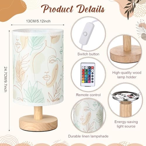 VIHOSE Boho Table Lamp with Linen Shade & Wood Base, 16 Color Dimmable LED Bedside Desk Lamp, Bohemian Bedroom Nightlight for Bedroom, Nursery, Cute Bohemian Room Decor Birthday Gift - Image 2