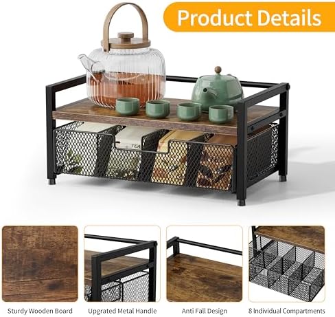 Tea Bag Organizer, Tea Bag Holder with Drawer, Wood and Metal Tea Organizers and Storage Chest for Countertop Kitchen, Office, Rustic Brown - Image 2