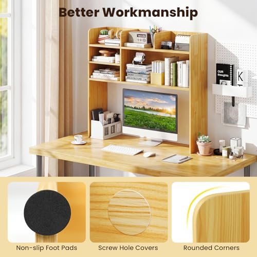 GIANTEX Desktop Bookshelf, 37" Desk Hutch Dorm for Computer Up to 32 Inch, Countertop Hutch w/6 Storage Shelves, 3-Tier Desktop Organizer Display Rack, Wood Desk Shelf for Home Office (Burlywood) - Image 6