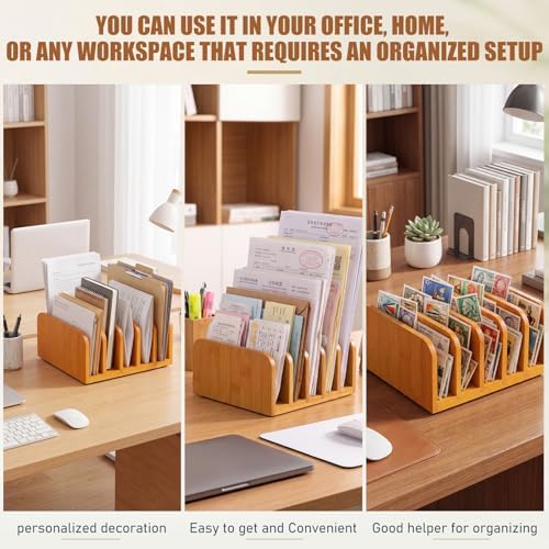 Lineshading Bamboo Letter Organizer, 5 Compartments Desk Mail Organizer, Desktop Envelope Holder and Letter Sorter, Countertop Paper File Holders with Anti Slip Mat for Home Office(Yellow) - Image 6