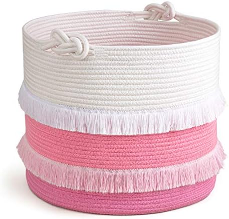 CherryNow 45L Woven Rope Baby Basket with Tassel, 16" x 13", Pink by CherryNow