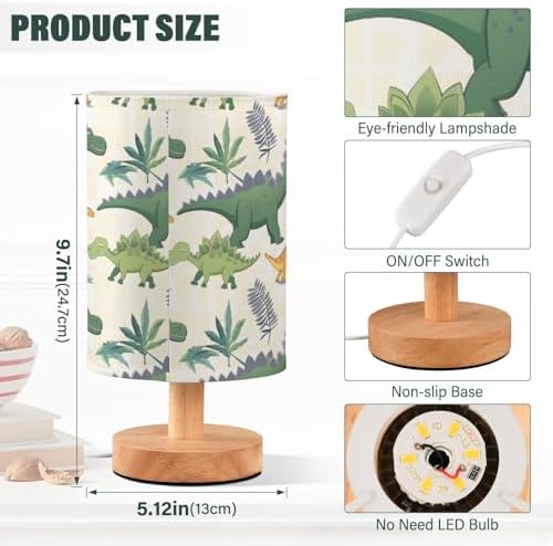 Dinosaur Green Dino A Lamp for Girls Boys Bedroom Bedside Table Lamp with USB Port LED Kids Nightstand Lamp Wood Base Desk Living Room Decor - Image 3