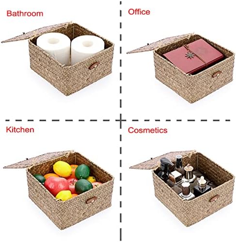 Hipiwe Small Wicker Shelf Baskets Handwoven Seagrass Storage Bin with Lid - Image 7
