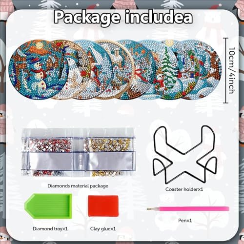 8 Pieces Christmas Snowman Diamond Coasters with Holder DIY Cute Christmas Snowman Diamond Art Coasters for Beginners Adults for Christmas - Image 2