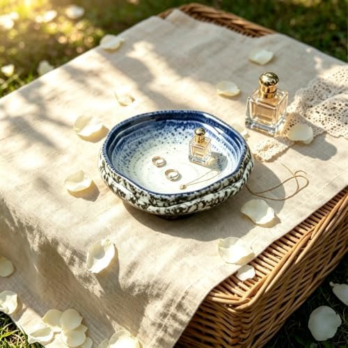 Blue Speckled Ceramic Jewelry Dish with Legs, Rustic Wabi Sabi Trinket Tray, Boho Ring Holder for Rings Earrings Necklaces, Small Vanity Organizer for Bedroom Nightstand, Women Gift Decorative Bowl - Image 2