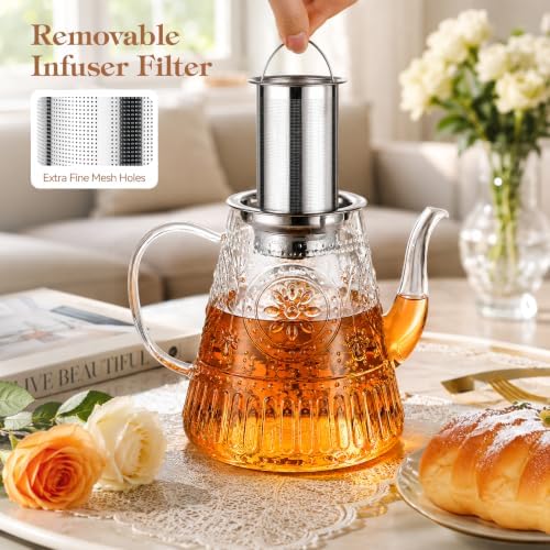 1500ml/52oz Large Glass Teapot, Zpose Vintage Tea Pot with Infuser for Loose Tea, Stovetop Glass Tea Kettle with strainer for 6-7 Cups - Image 3