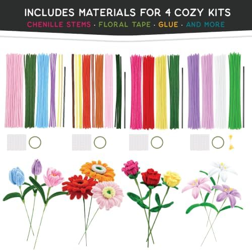 WeVeel Cozy Craftworks Four Pack Flowers Chenille Stem Craft Kit Bundle for Teens & Adults – Mindful DIY Flower Craft, Tactile Pipe Cleaner Art Kit with QR Video Tutorials - Image 2