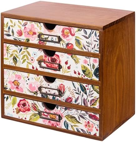 4-Drawer Vintage Desk Wood Storage Box With Drawers in Floral Chintz - Wooden Table Organizer I End Clutter & Dullness, Personalize Your Workspace - Beautiful Flower Design for Office & Home by Woodaholic