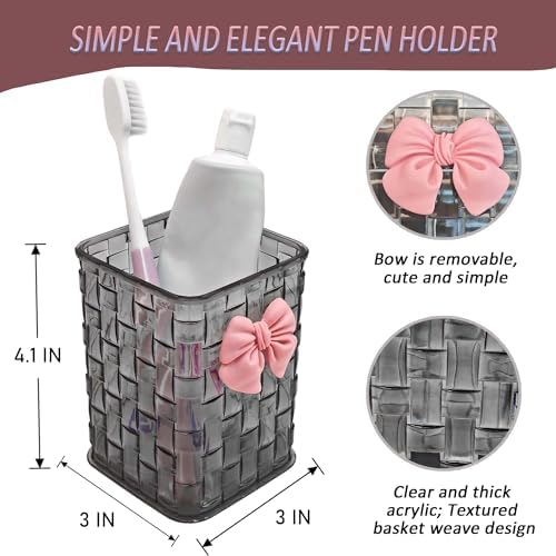 Pen Holder for Desk Cute Acrylic Makeup Brush Holder, Woven Texture with Bow Decor, Desk Stationery Desktop Caddy Cosmetic Accessories for Office, Home, School, Kitchen - Smokey Grey - Image 5