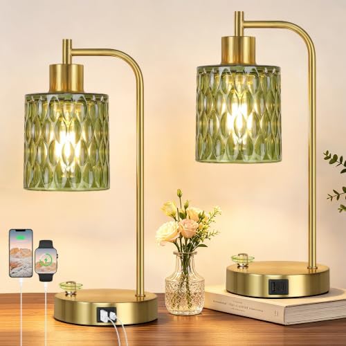 Table Lamps Set of 2, Green Glass Dimmable Bedside Lamps for Living Room by Qimh