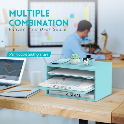 3 Tier Wood Desk Organizer, Mail Sorter and Paper Organizer for Desk, Blue - Image 4