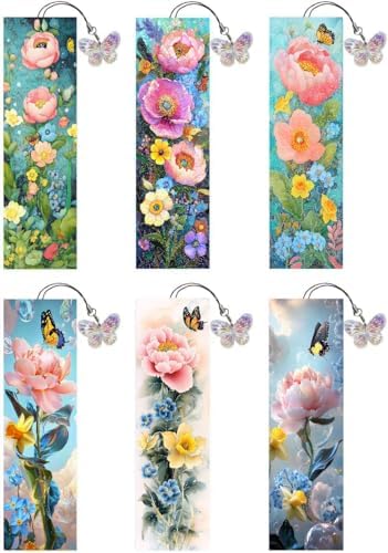 Puraikcmi 6 PCS 5D DIY Diamond Art Bookmarks,Butterflies and Flowers Diamond Painting Bookmarks Kits with Tassels Acrylic, Rhinestone Crafts Decoration Gift Set for Book Lovers Beginners & Adults by Puraikcmi