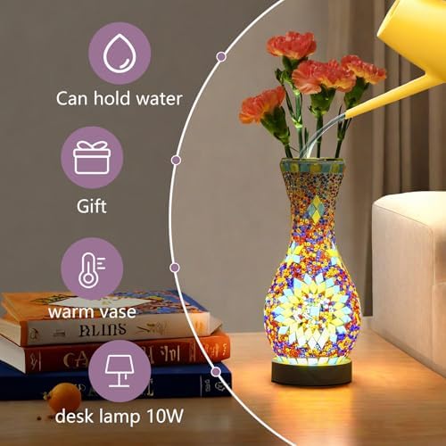 Mosaic Vase Lamp, Turkish Table Lamp with Wood Base, USB LED - Image 3