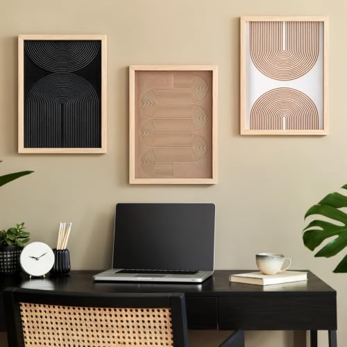 Honoson Set of 3 3D Textured Carved Wooden Wall Art, Neutral, Abstract - Image 2