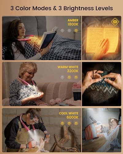 Glocusent Upgraded LED Neck Reading Light, Book Light for Reading in Bed, 30-min Timer, 3 Colors & 3 Brightness Adjustable, Rechargeable & Long Lasting, Perfect for Reading, Knitting (Pack of 2) - Image 3
