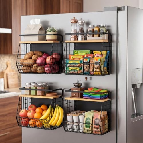 Ofiray-home Magnetic Shelf for Fridge with Wood Lid, Fruit Potato and Onion Storage Bins, Pantry Organizers & Storage, Large Container Magnetic Spice Rack for Refrigerator, Kitchen Counter (Black, 1) - Image 2