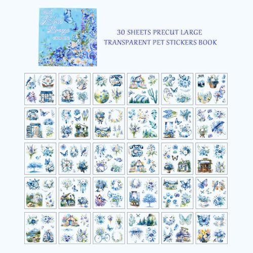 30 Sheets Precut Blue Flower Garden Landscape Stickers Book for Junk Journal Supplies, Transparent PET Stickers for Journaling, Scrapbooking, Bujo, Collage, Card Making - Image 2