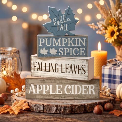 Moucuny 4 Pcs Fall Table Decoration Rustic Blue Maple Leaf Wooden Blocks - Image 4