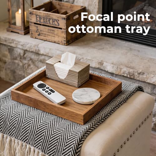 Acacia Wood Serving Tray,13"*13" Square Ottoman, Coffee Table Tray, Farmhouse Decorative Tray for Living Room, Kitchen, Bedroom - Image 5