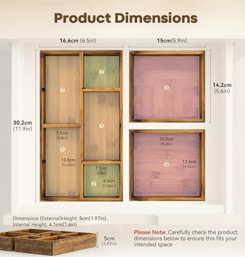 KOCWELL Bamboo Desk Drawer Organizer with Removable Dividers,Multi-Use Office Drawer Organizer Tray,Junk Drawer Organizers for Office,School,Kitchen,Makeup Supply（Carbon Brown） - Image 2