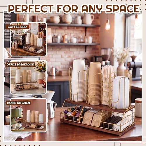 Geelin 18oz Adjustable Coffee Cup Dispenser with Wooden Base, Cup and Lid Holder, Cups Holder Organizer for Coffee Pod Straw and Lid Storage(4-compartment Double,Color 2) - Image 4